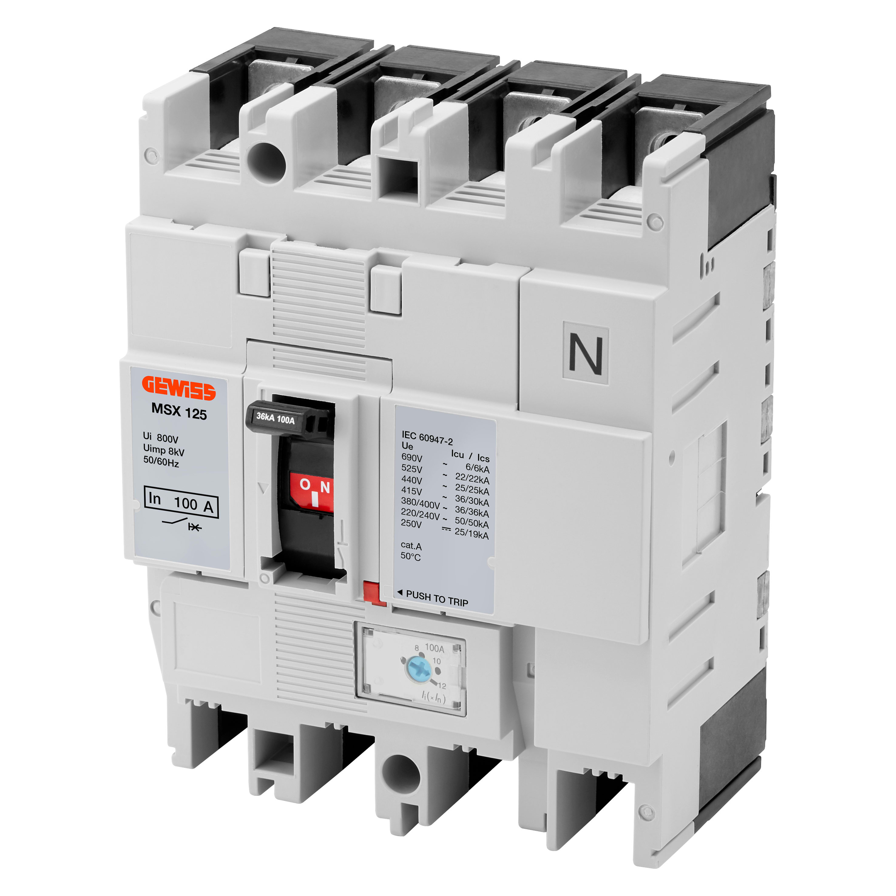 GEWISS - GEWGWD9216 MSX 125 - INTERRUTTORE MAGNETOTERMICO SCATOLATO - MAGNETICA REGOLABILE PER PROTEZIONE MOTORI - 36KA 4P 125A 690V