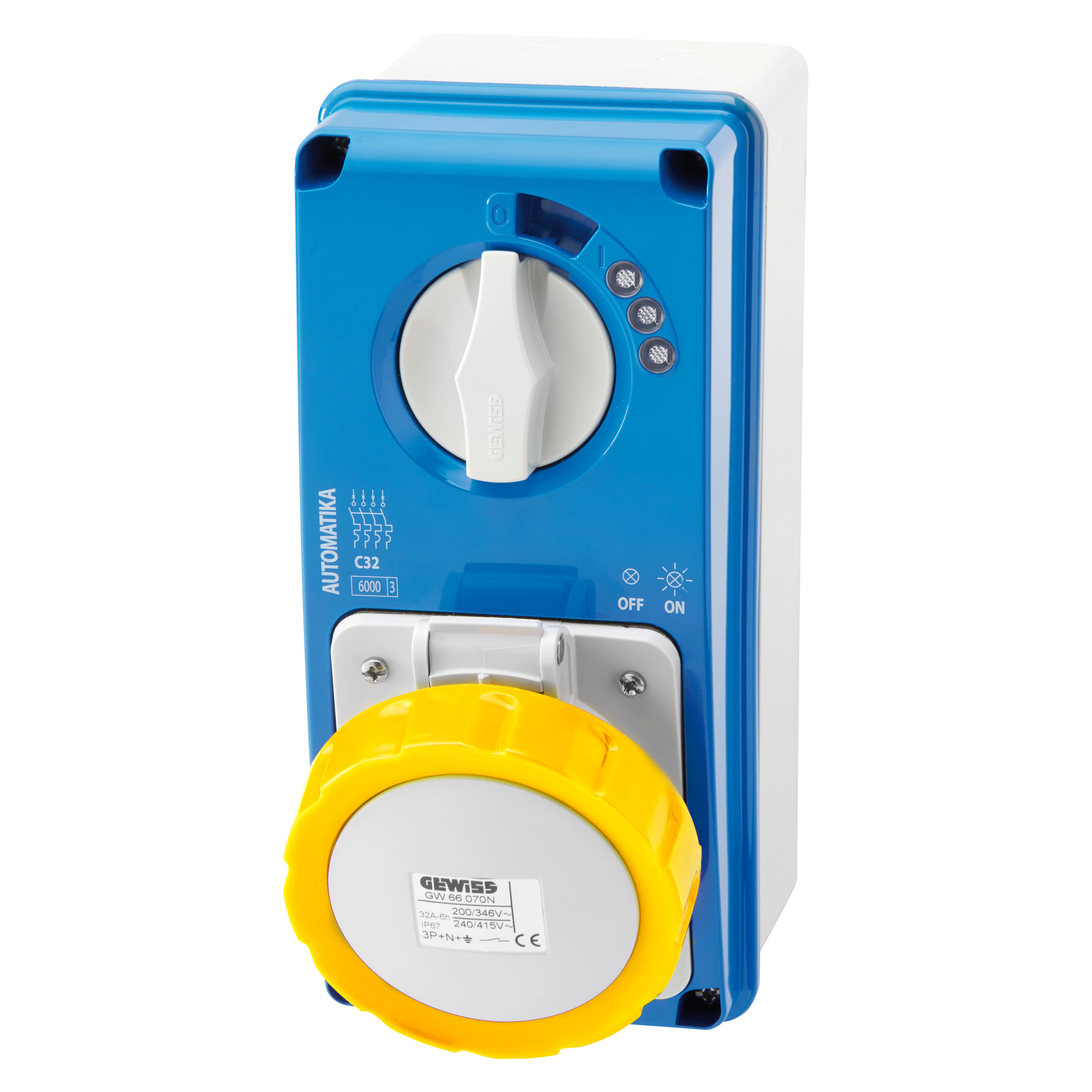 GEWISS - GEWGW66062N PRESA FISSA INTERBLOCCATA VERTICALE - AUTOMATIKA - MT 6KA CURVA C - CON FONDO - 2P+T 32A 100-130V - 50/60HZ 4H - IP67
