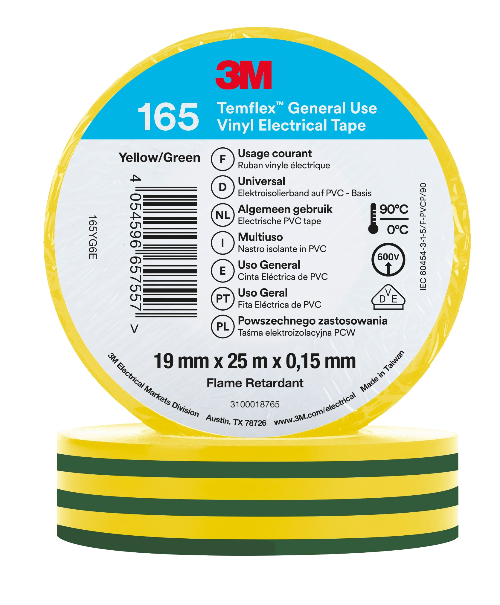 3M ITALIA - 3MI7100222494 TEMFLEX 165 19MM X 25M Y/G
