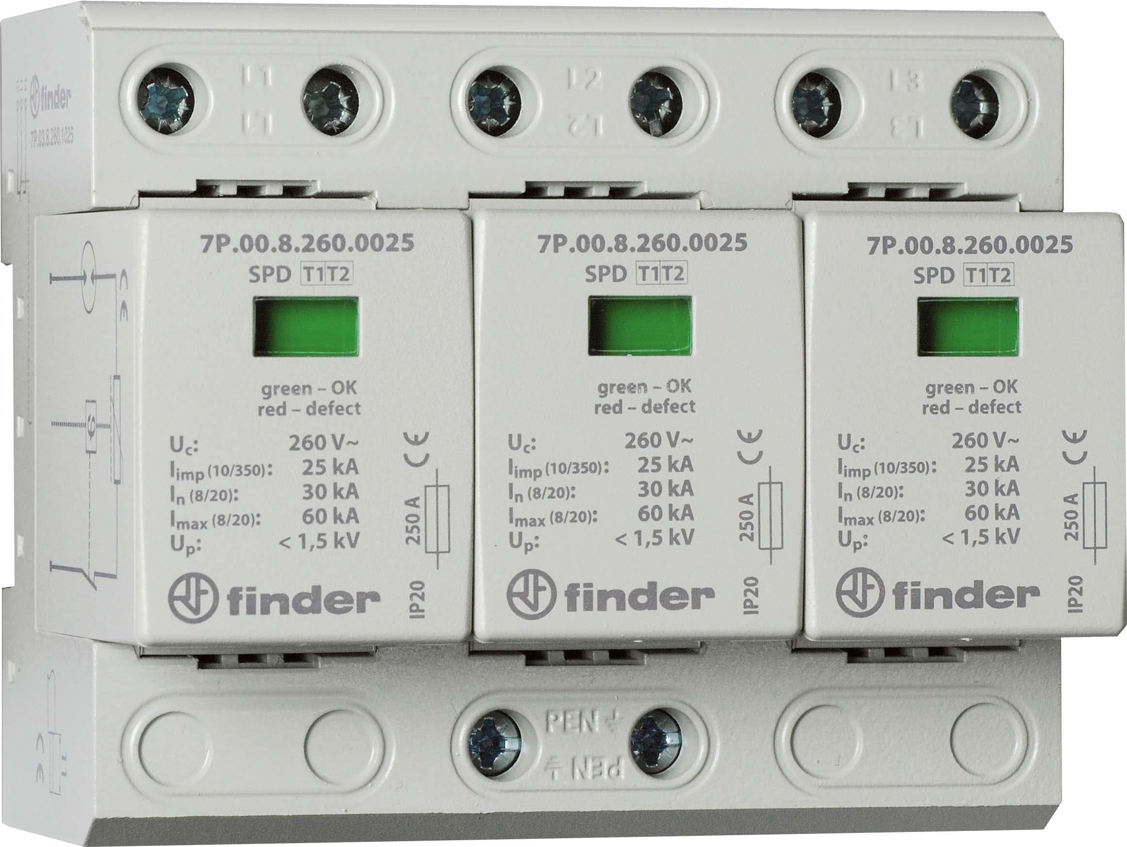 FINDER SPA - FIN7P0382601025 SPD CLASSE1+2 TRIFASE 3P 260VAC 3+0 25KA