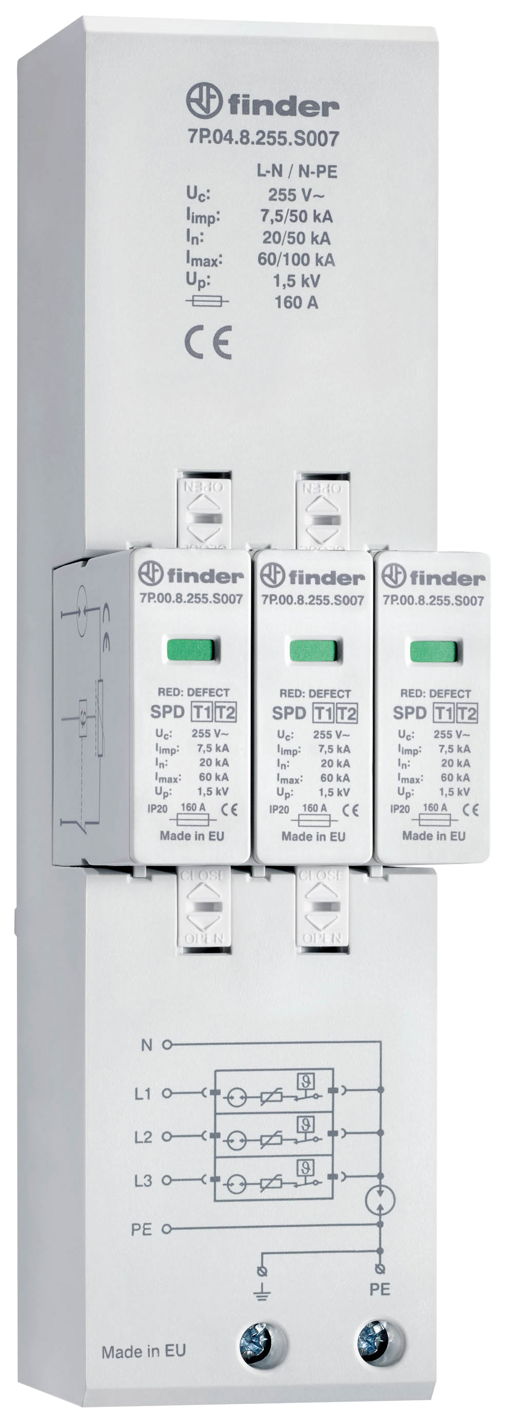 FINDER SPA - FIN7P048255S007 SPD CLASSE1+2 TRIFASE 4P 255VAC 3+1 7KA