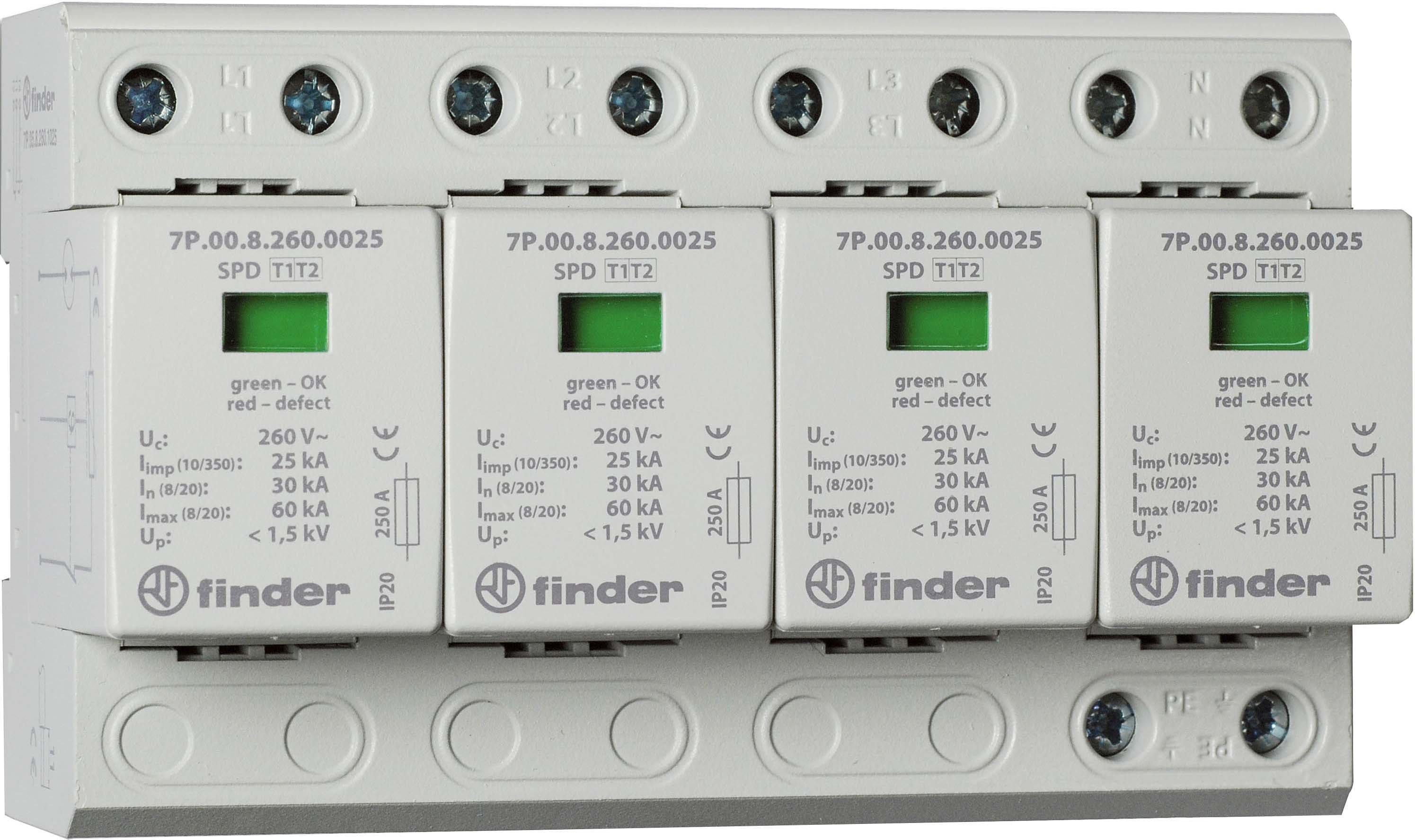 FINDER SPA - FIN7P0582601025 SPD CLASSE1+2 TRIFASE 4P 260VAC 4+0 25KA