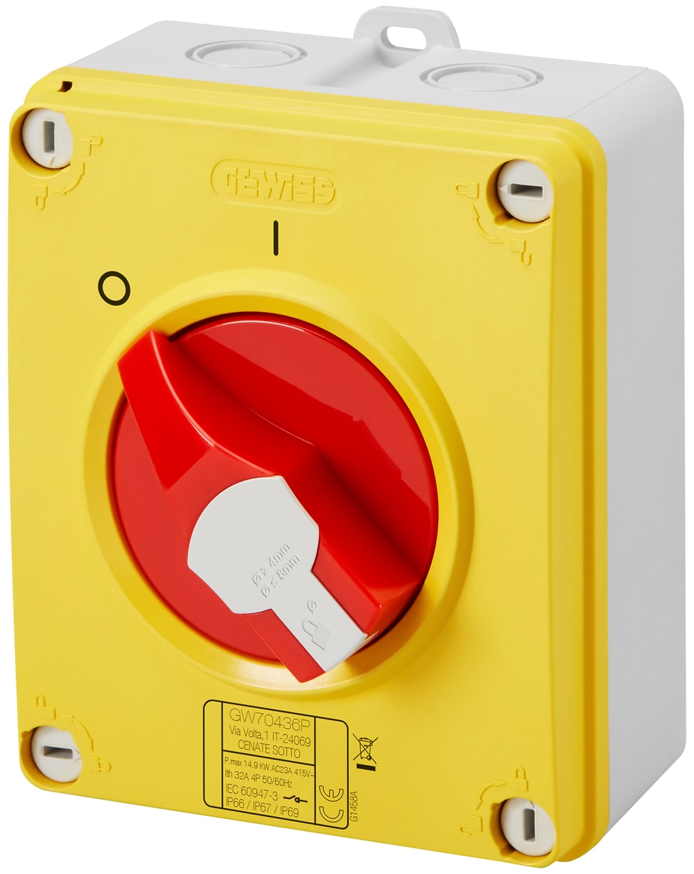 GEWISS - GEWGW70434P INTERRUTTORE SEZIONATORE ROTATIVO - HP - EMERGENZA - CASSETTA IN MATERIALE ISOLANTE - 32A 2P - MANOPOLA ROSSA LUCCHETTABILE - IP66/67/69
