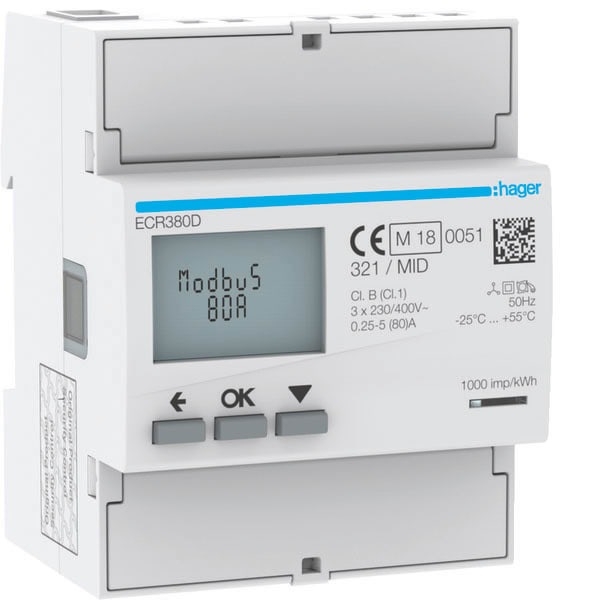 HAGER - HAGECR380D Energiezahler 3ph,direkt 80A, MODBUS,MID