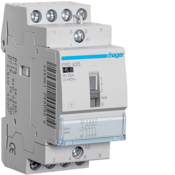 HAGER - HAGERD425 CONTATTORE COM MAN STD+ 4NA 24VAC 25A 2M