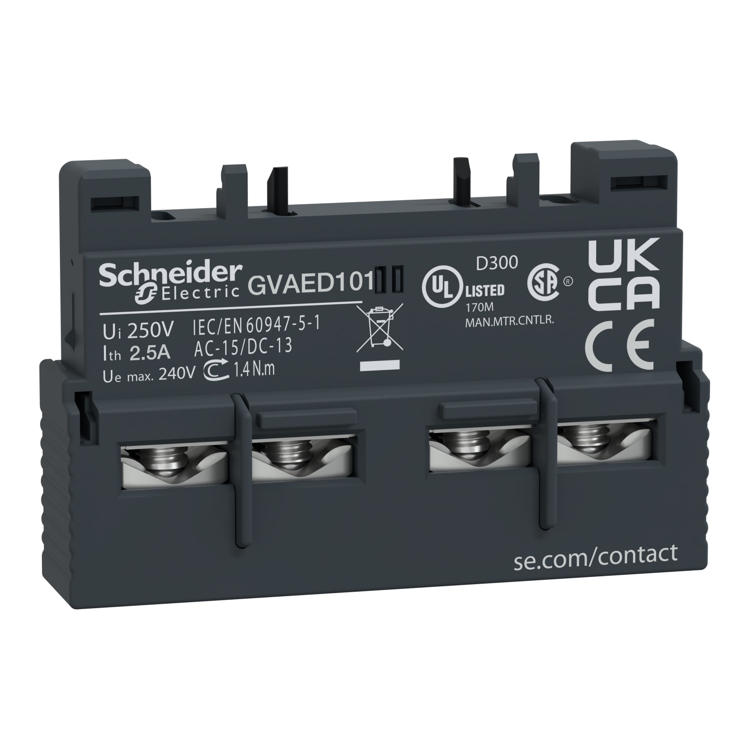 SCHNEIDER ELECTRIC - SNRGVAED101 Contatti 1NO guasto 1NO ausiliari istant. TeSys GV - viti serrafilo - front.