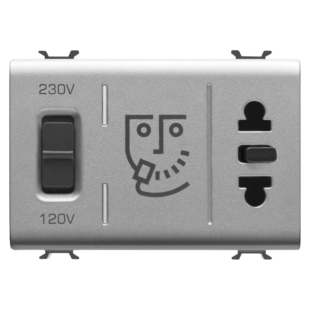 GEWISS - GEWGW14331 PRESA PER RASOIO STANDARD EUROAMERICANO CON TRASFORMATORE DI ISOLAMENTO - 230V ac - 50/60 Hz - 3 MODULI - TITANIO - CHORUSMART