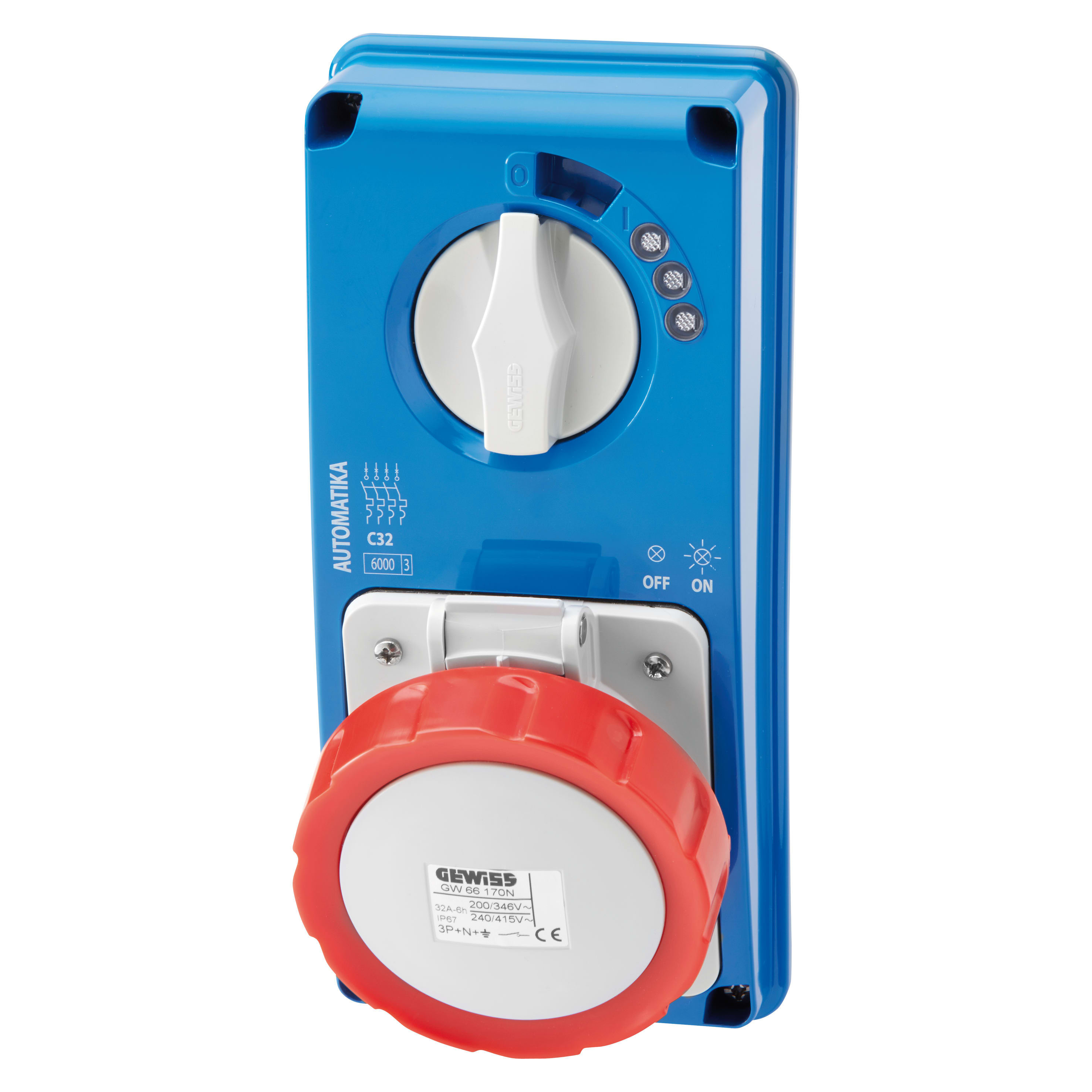 GEWISS - GEWGW66157N PRESA FISSA INTERBLOCCATA VERTICALE - AUTOMATIKA - MT 6KA CURVA C - SENZA FONDO - 2P+T 16A 380-415V - 50/60HZ 9H - IP67