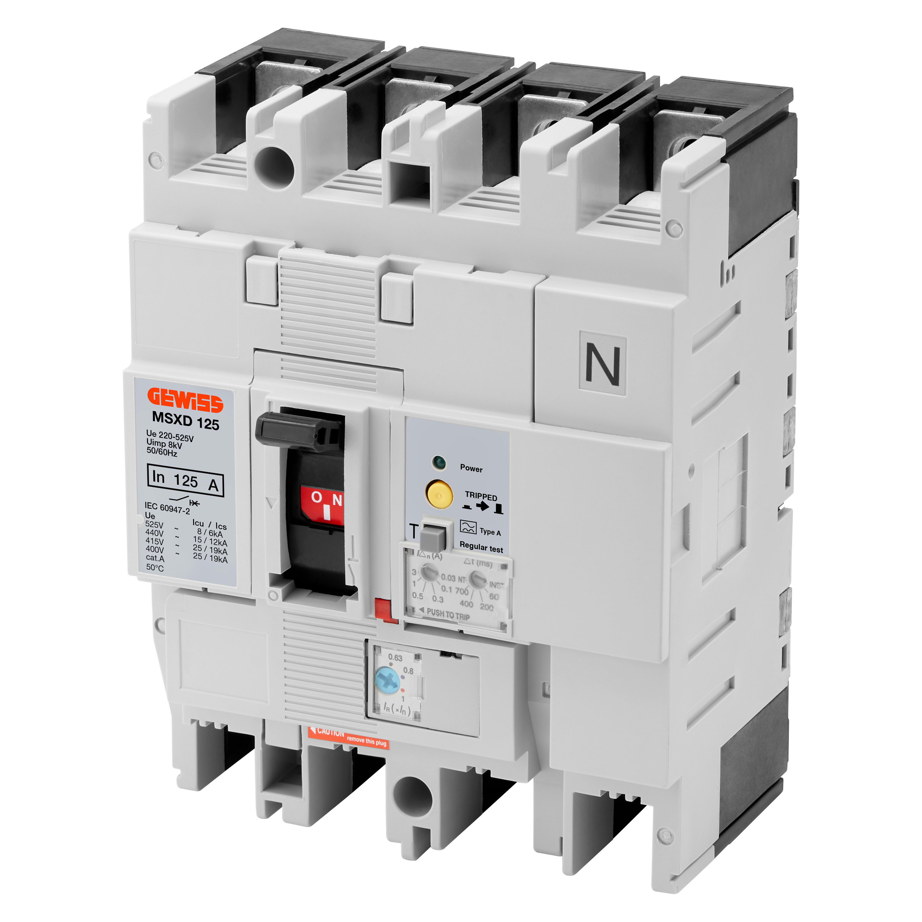 GEWISS - GEWGWD9554 MSXD 125 - INTERRUTTORE MAGNETOTERMICO DIFFERENZIALE SCATOLATO - TERMICA REGOLABILE - MAGNETICA FISSA - DIFFERENZIALE REGOLABILE - 25KA 3P+N 63A 525V