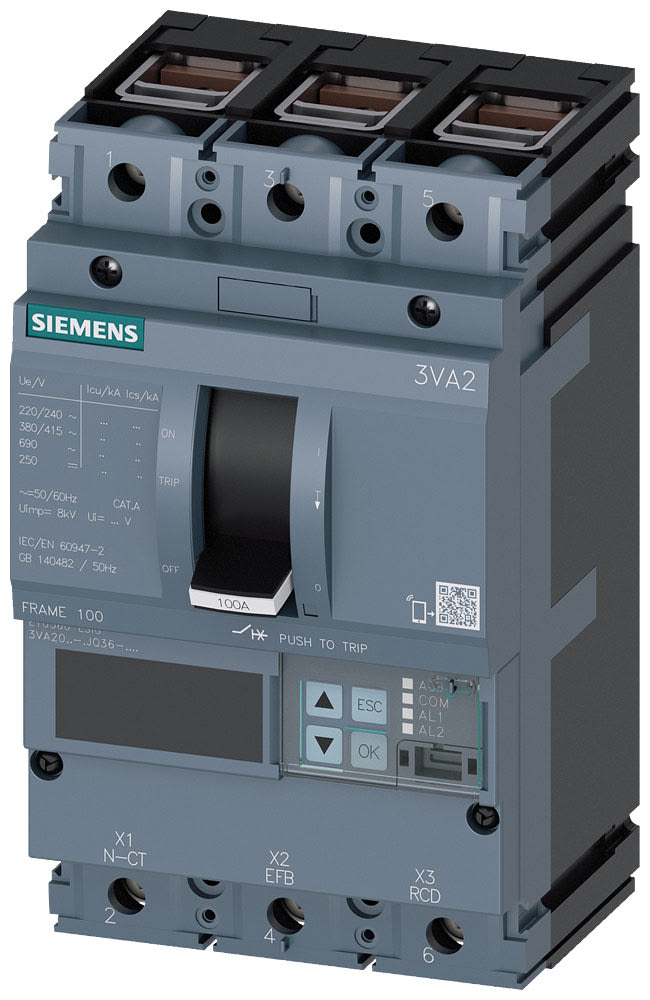 SIEMENS - SIE3VA20405JQ360AA0 interruttore automatico 3VA2 IEC frame 100 classe del potere di interruzione M Icu=55kA con 415V a 3 poli, protezione impianto ETU560, LSIG, In=40A...