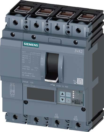 SIEMENS - SIE3VA20405KP460AA0 interruttore automatico 3VA2 IEC frame 100 classe del potere di interruzione M Icu=55kA con 415V a 4 poli, protezione impianto ETU850, LSI, In=40A ...
