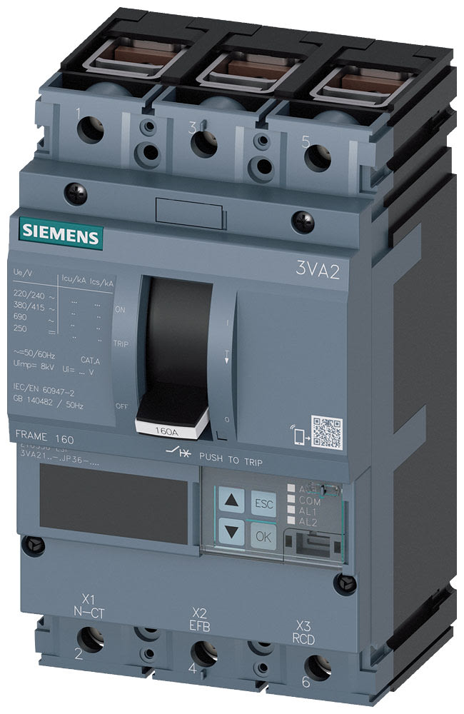 SIEMENS - SIE3VA21165JP360AA0 interruttore automatico 3VA2 IEC frame 160 classe del potere di interruzione M Icu=55kA con 415V a 3 poli, protezione impianto ETU550, LSI, In=160A...