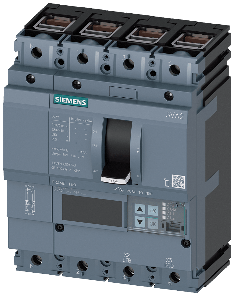 SIEMENS - SIE3VA21165JP460AA0 interruttore automatico 3VA2 IEC frame 160 classe del potere di interruzione M Icu=55kA con 415V a 4 poli, protezione impianto ETU550, LSI, In=160A...
