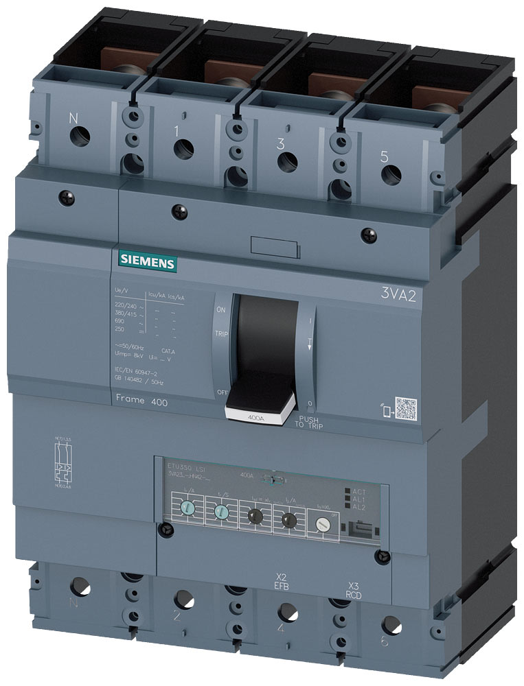 SIEMENS - SIE3VA23408HN420AA0 interruttore automatico 3VA2 IEC frame 400 classe del potere di interruzione L Icu=150kA con 415V a 4 poli, protezione impianto ETU350, LSI, In=400...