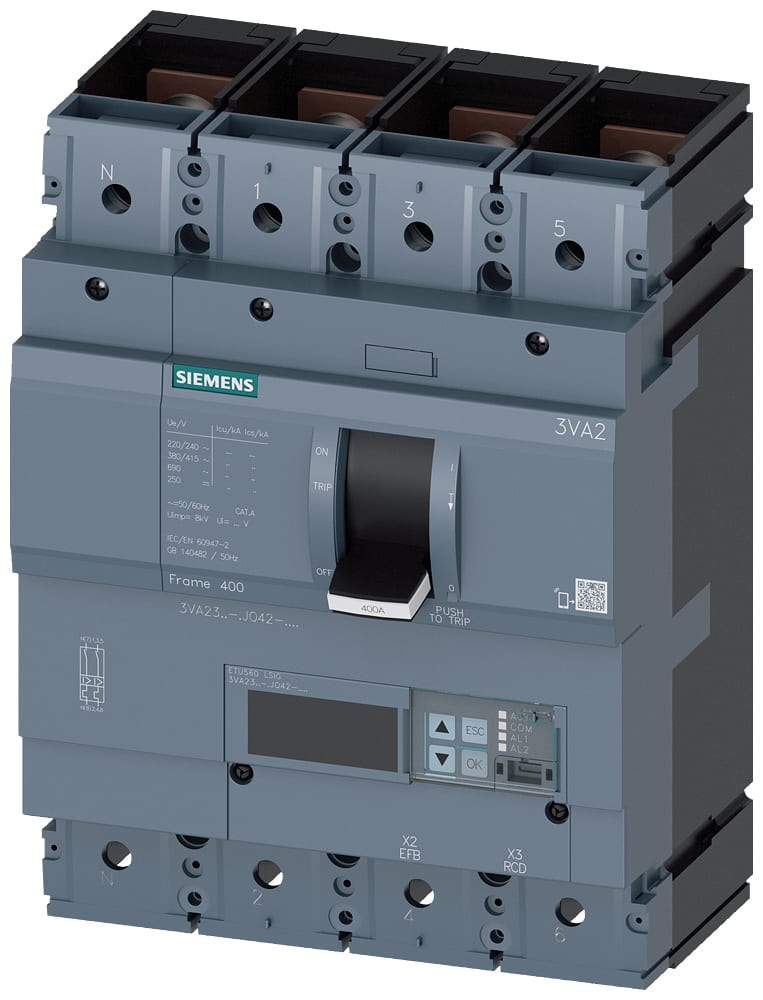 SIEMENS - SIE3VA23405JQ420AA0 interruttore automatico 3VA2 IEC frame 400 classe del potere di interruzione M Icu=55kA con 415V a 4 poli, protezione impianto ETU560, LSIG, In=400...