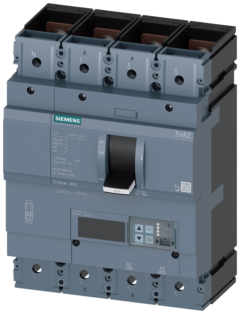 SIEMENS - SIE3VA23255KP420AA0 interruttore automatico 3VA2 IEC frame 400 classe del potere di interruzione M Icu=55kA con 415V a 4 poli, protezione impianto ETU850, LSI, In=250A...