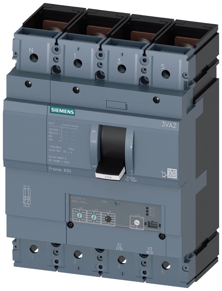 SIEMENS - SIE3VA24635HL420AA0 interruttore automatico 3VA2 IEC frame 630 classe del potere di interruzione M Icu=55kA con 415V a 4 poli, protezione impianto ETU320, LI, In=630A ...