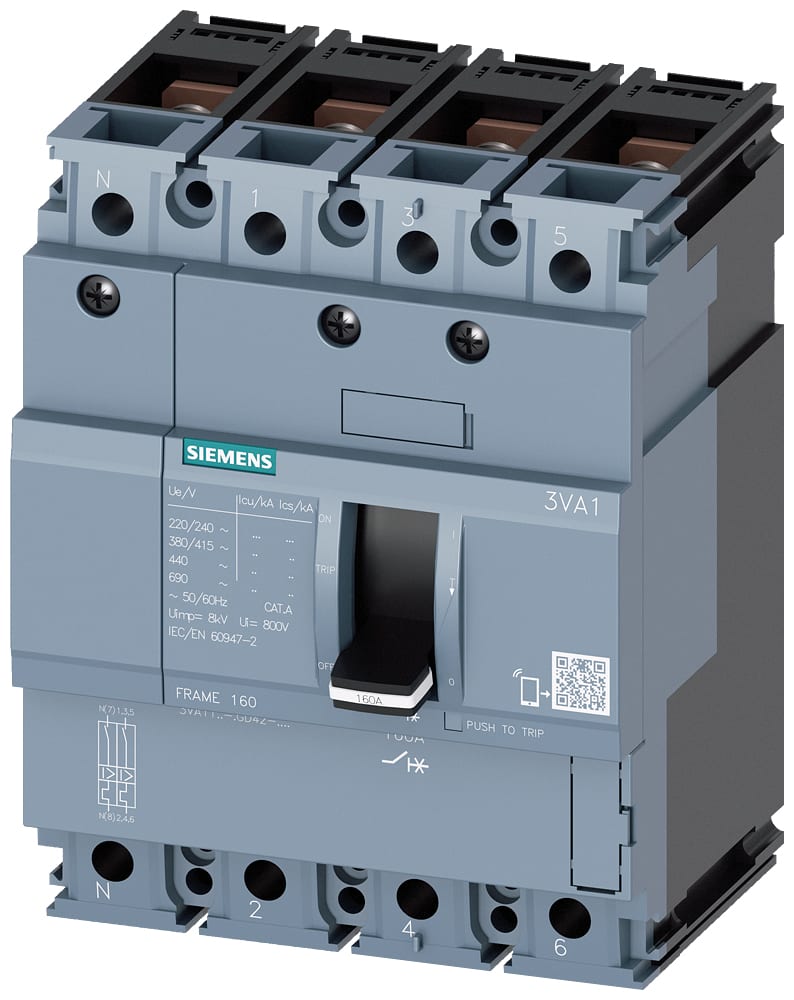 SIEMENS - SIE3VA11633GD420AA0 Interruttore automatico 3VA1 IEC Frame 160, classe del potere di interruzione N, Icu=25 kA con 415 V