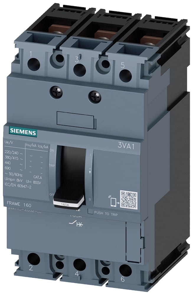 SIEMENS - SIE3VA11633ED320AA0 Interruttore automatico 3VA1 IEC Frame 160, classe del potere di interruzione N, Icu=25 kA con 415 V