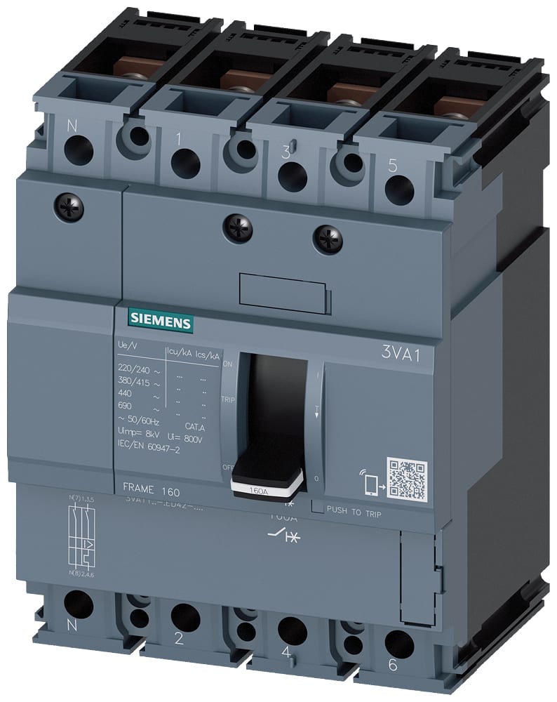 SIEMENS - SIE3VA11105ED420AA0 Interruttore automatico 3VA1 IEC Frame 160, classe del potere di interruzione M, Icu=55 kA con 415 V