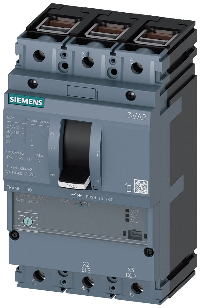 SIEMENS - SIE3VA21105HK360AA0 interruttore automatico 3VA2 IEC frame 160 classe del potere di interruzione M Icu=55kA con 415V a 3 poli, protezione impianto ETU340, ELISA LI, In...
