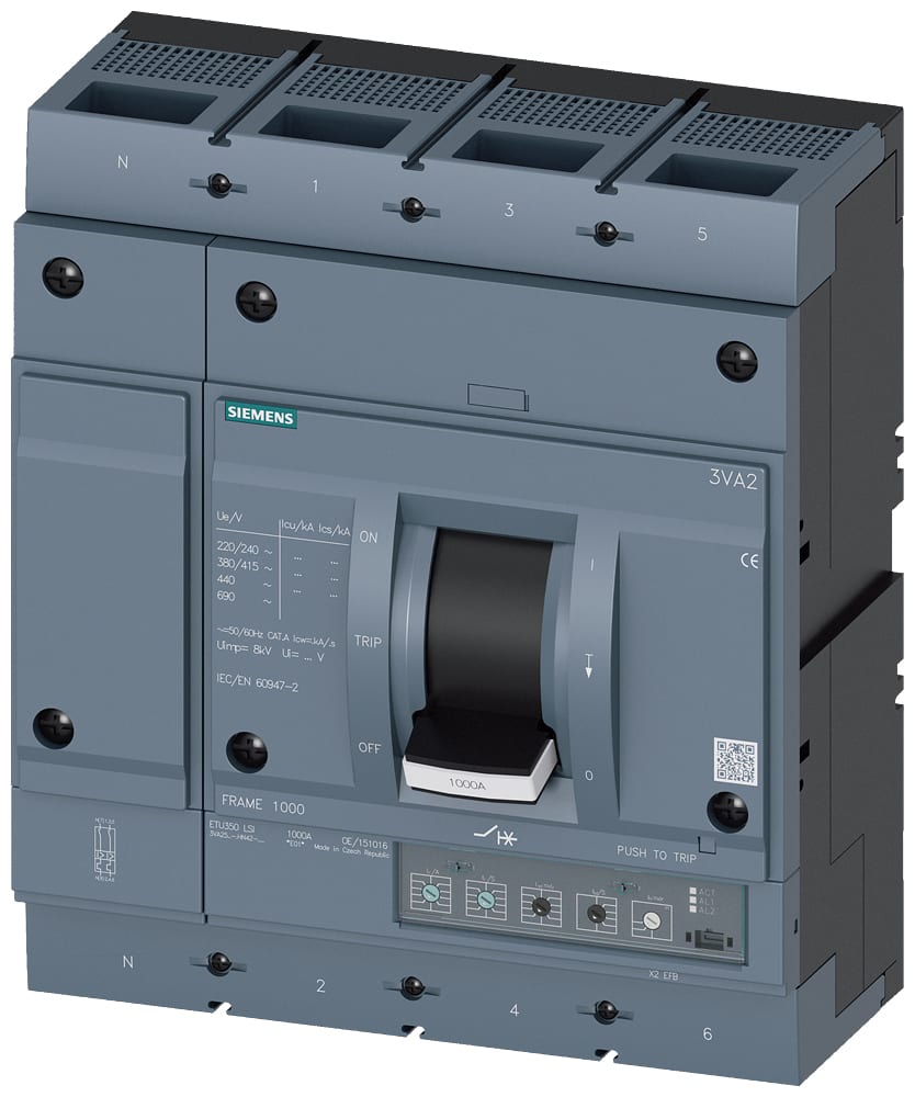 SIEMENS - SIE3VA25805HN420AA0 interruttore automatico 3VA2 IEC frame 1000 classe del potere di interruzione M Icu=55kA con 415V a 4 poli, protezione impianto ETU350, LSI, In=800...