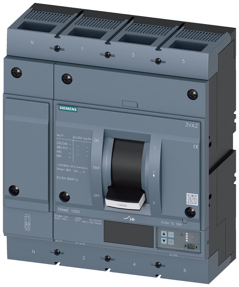 SIEMENS - SIE3VA25805KQ420AA0 interruttore automatico 3VA2 IEC frame 1000 classe del potere di interruzione M Icu=55kA con 415V a 4 poli, protezione impianto ETU860, LSIG, In=80...