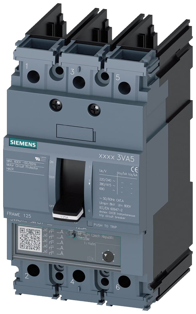 SIEMENS - SIE3VA51101MU310AA0 Interruttore automatico 3VA5 UL Frame 125 a 3 poli, protezione avviatore TM120M, AM, In=100 A