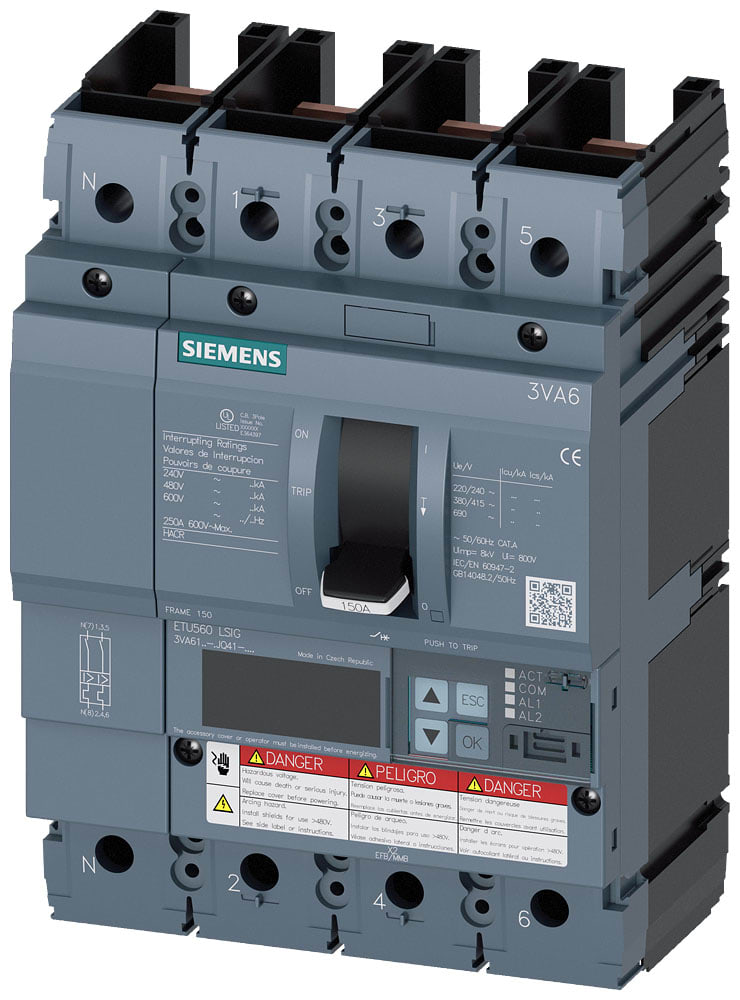 SIEMENS - SIE3VA61107JQ410AA0 Interruttore automatico 3VA6 UL Frame 150, classe del potere di interruzione C, 100 kA con 480 V a 4 poli