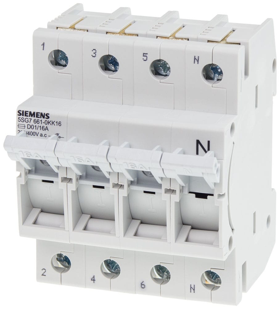 SIEMENS - SIE5SG76610KK16 MINIZED, sezionatore sottocarico a fusibile, D01, a 4 poli, 3P+N, In: 16 A, Un AC: 400 V