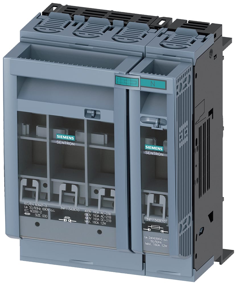SIEMENS - SIE3NP11341BC10 SENTRON, Sezionatore sottocarico a fusibili 3NP1, a 4 poli, NH00, 160 A