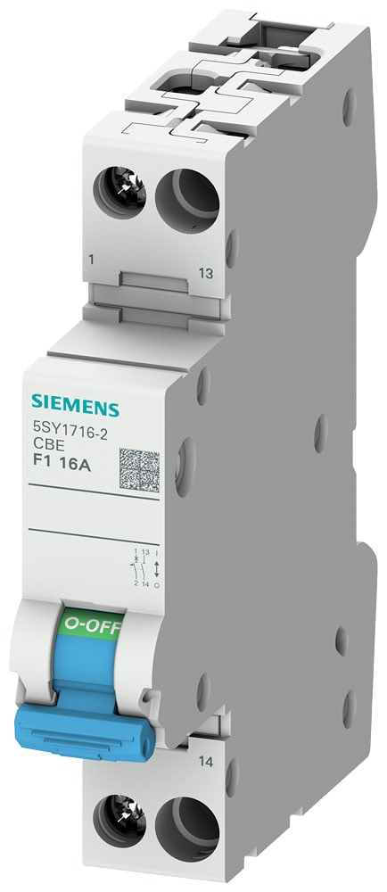 SIEMENS - SIE5SY17012 Interruttore di protezione apparecchi a 1 polo con blocchetto di contatti ausiliari, contatto NO, caratteristica F1, 1 A