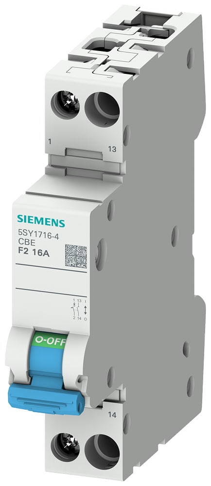 SIEMENS - SIE5SY17054 Interruttore di protezione apparecchi a 1 polo con blocchetto di contatti ausiliari, contatto NO, caratteristica F2, 0,5 A