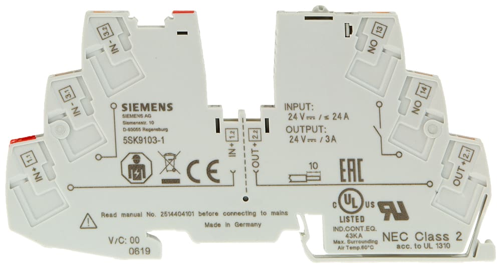 SIEMENS - SIE5SK91021 Interruttore di protezione apparecchi elettronico, 2 A, DC 24 V, 1 blocchetto di contatti ausiliari