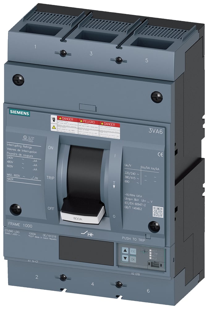 SIEMENS - SIE3VA65806JQ320AA0 Interruttore automatico 3VA6 UL Frame 800, classe del potere di interruzione H, 65 kA con 480 V a 3 poli