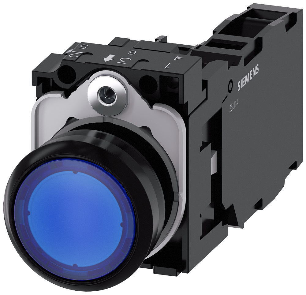 SIEMENS - SIE3SU11020AB501FA0 Pulsante, illuminato, 22 mm, rotondo, in plastica, colore blu, 1NO+1NC, AC/DC 24