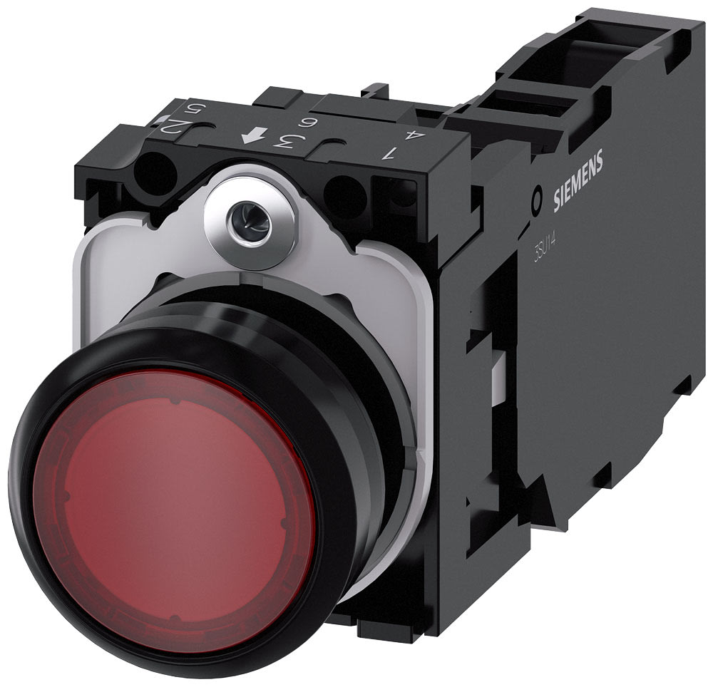 SIEMENS - SIE3SU11020AB201FA0 Pulsante, illuminato, 22 mm, rotondo, in plastica, colore rosso, 1NO+1NC, AC/DC 24