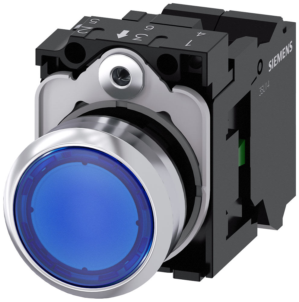 SIEMENS - SIE3SU11520AB503BA0 Pulsante, illuminato, 22 mm, rotondo, in metallo lucido, colore blu, bottone, 1NO