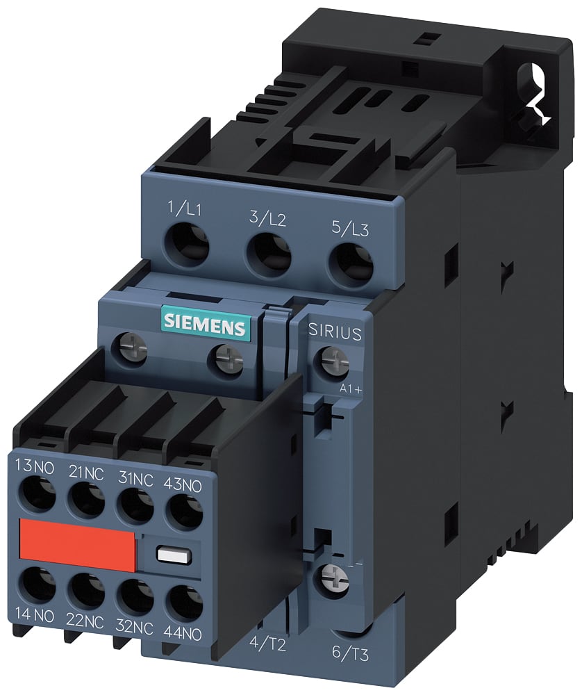 SIEMENS - SIE3RT20281FB443MA0 Contattore, AC-3e, 38 A/18,5 kW/400 V, a 3 poli, DC 24 V, 2NO+2NC, morsetti a vite