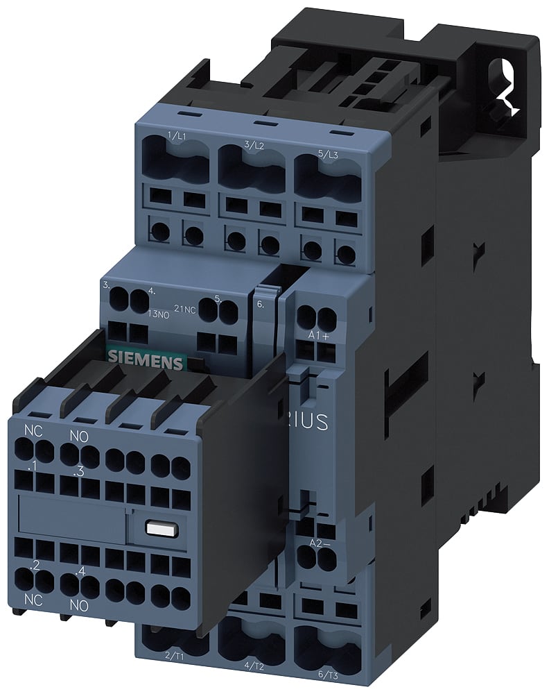SIEMENS - SIE3RT20262BB44 Contattore, AC-3e, 25 A/11 kW/400 V, a 3 poli, DC 24 V, 2NO+2NC, morsetti a molla