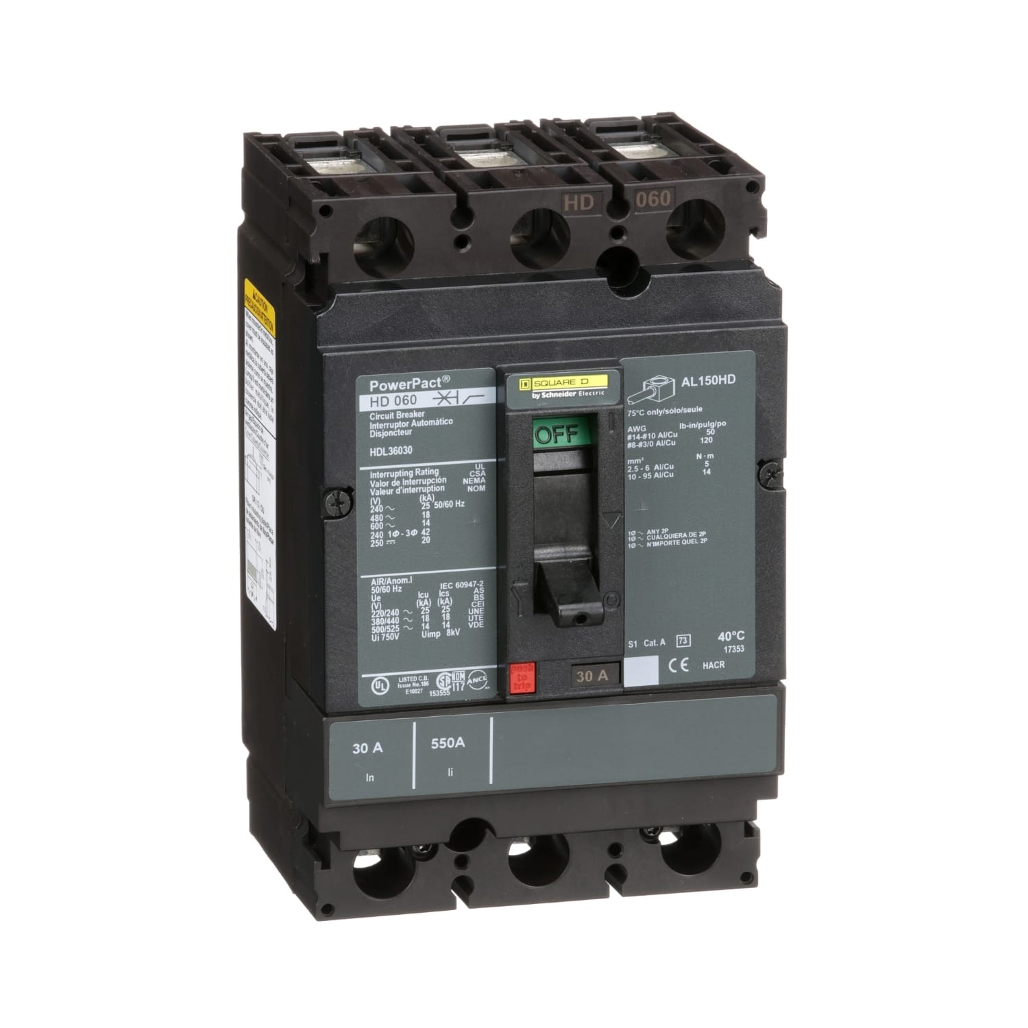SCHNEIDER ELECTRIC - SNRHDL36030 PowerPact H Circuit Breaker,ThermMagn,30A,3P,600V,14kA