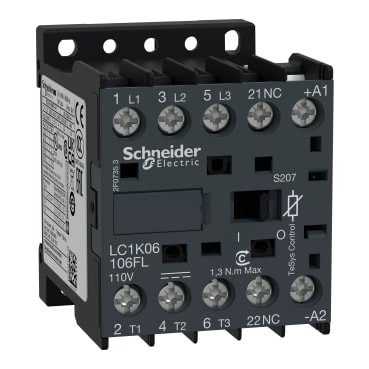 SCHNEIDER ELECTRIC - SNRLC1K06106FLS207 TeSys K contattore - 3P - AC-3 <= 440 V 6 A - 1 NO aux. - 110 V DC rail