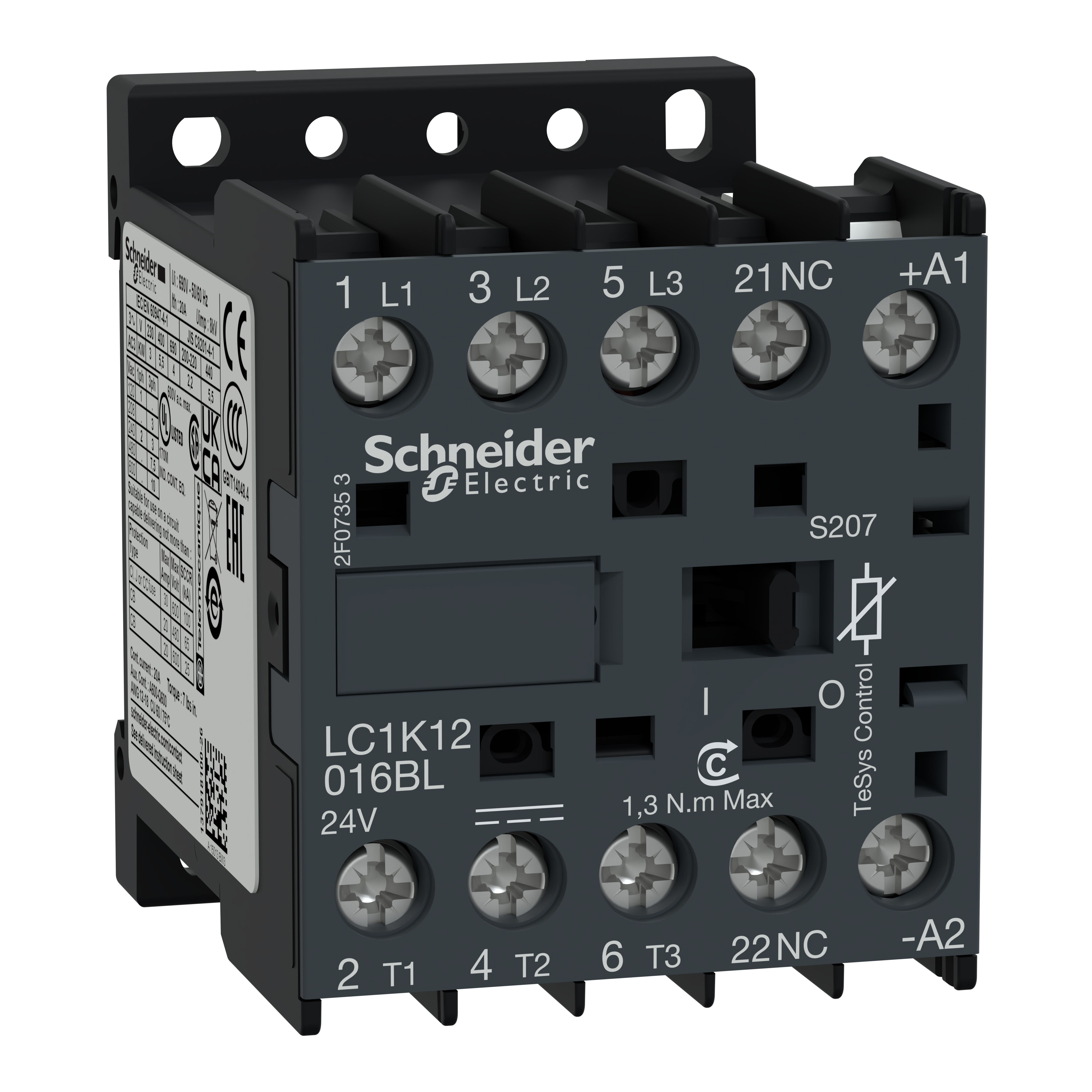 SCHNEIDER ELECTRIC - SNRLC1K12016BLS207 TeSys K contattore - 3P - AC-3 <= 440 V 12 A - 1 NC aux. - 24 V DC rail