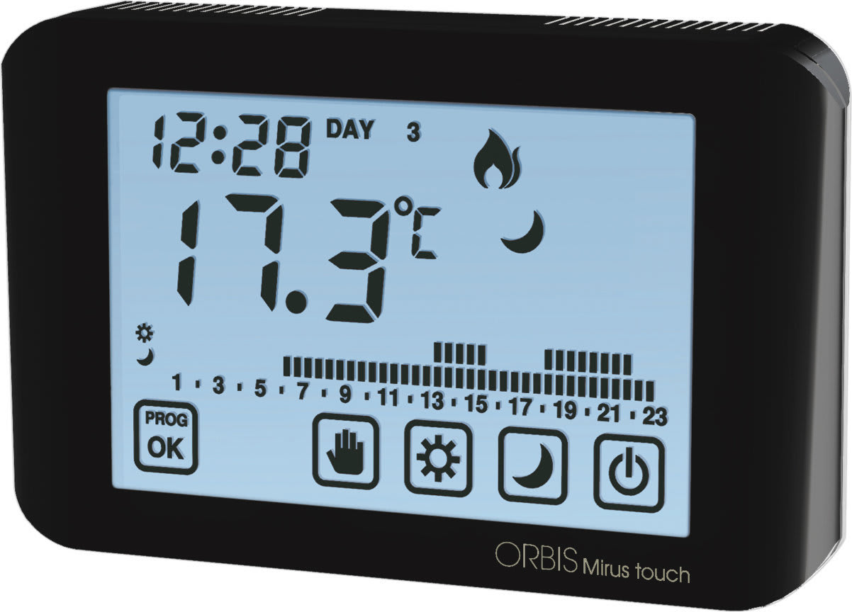 ORBIS - ORBOB325310 MIRUS TOUCH ANTRACITE Cronotermostato digitale da parete con display touch, programmazione giornaliera/settimanale, alim. 2 batterie 1,5V