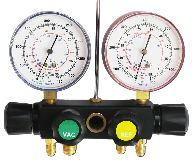 ORBIS - ORBOB576053 Gruppo manometrico 4 VIE diametro 80 mm,scala bar/psi/°C,classe precisione 1,6 Gas R410A-R32 Attacchi 3 x 1/4" SAE + 1 x 3/8" SAE