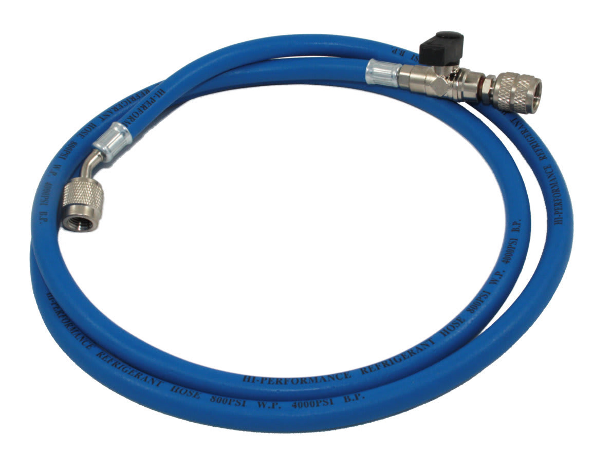 ORBIS - ORBOB576081 Tubo flessibile singolo blu R22/R407/R32 con rubinetto e depressore attacco 1/4" SAE - 1/4" SAE 45°, lunghezza 1500 mm