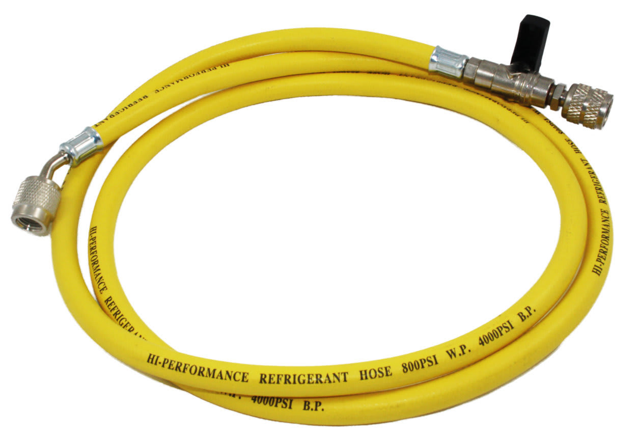 ORBIS - ORBOB576090 Tubo flessibile singolo giallo R410 con rubinetto e depressore attacco 5/16" SAE - 1/4" SAE 45°, lunghezza 1500 mm