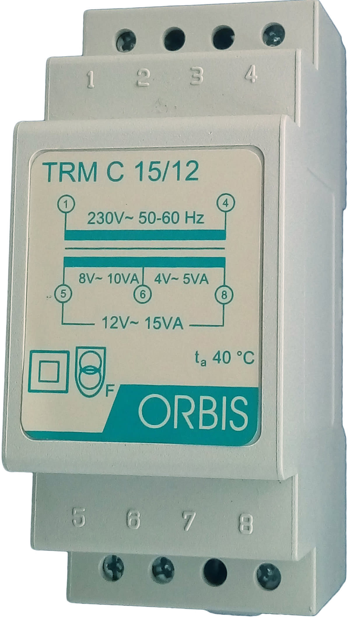 ORBIS - ORBOB86C1512 TRM C 15/12 Trasformatori modulari per campanelli, potenza 15 VA, 2 moduli DIN, tensione primario 230V, tensione secondario 4/8/12 VAC