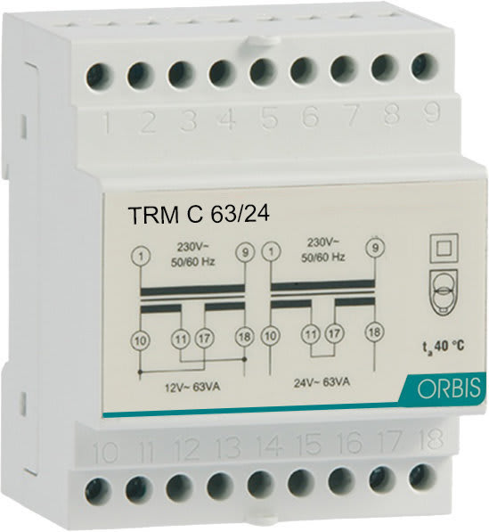 ORBIS - ORBOB86C6324 TRM C 63/24 Trasformatori modulari per campanelli, potenza 63 VA, 4 moduli DIN, tensione primario 230V, tensione secondario 12/24 VAC