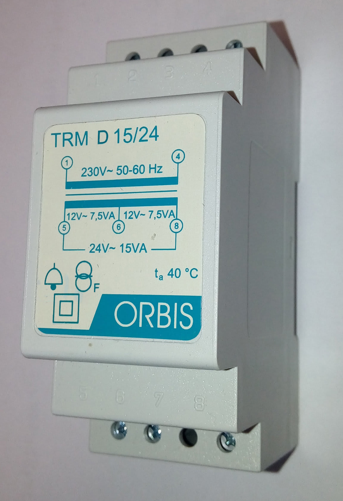 ORBIS - ORBOB86D1524 TRM D 15/24 Trasformatori modulari per campanelli, potenza 15 VA, 2 moduli DIN, tensione primario 230V, tensione secondario 12/24 VAC